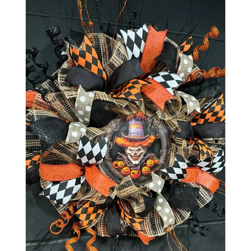 Halloween Wreath For Front Door Scary Clown Orange and Black Handmade 28 in